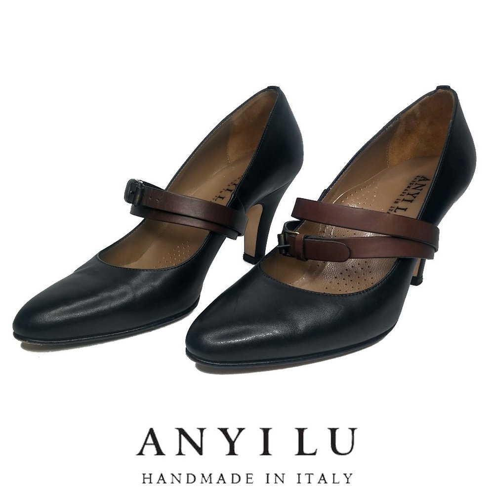 Anyi Lu Black Leather Strap Heels Handmade Italy